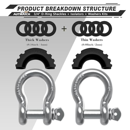 AUTMATCH 3/4" D Ring Shackles (2-Pack) - 41,887 lbs Break Strength | Clevis Shackle with 7/8" Pin & Isolator Washer Kit for Tow Strap, Winch, Towing & Off-Road Vehicle Recovery, Silver - color: Silver