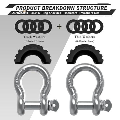 AUTMATCH 3/4" D Ring Shackles (2-Pack) - 41,887 lbs Break Strength | Clevis Shackle with 7/8" Pin & Isolator Washer Kit for Tow Strap, Winch, Towing & Off-Road Vehicle Recovery, Silver - color: Silver