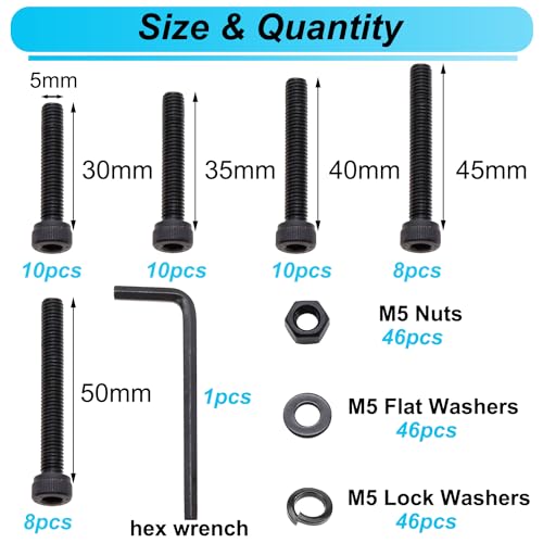 185PCS Black M5 Hex Socket Head Cap Screws, M5 x 30/35/40/45/50mm Metric Screws Bolts Nuts Washers Assortment Kit with Hex Wrench, 12.9 Grade Alloy Steel - size: M5 x 30/35/40/45/50mm, style: Socket Head