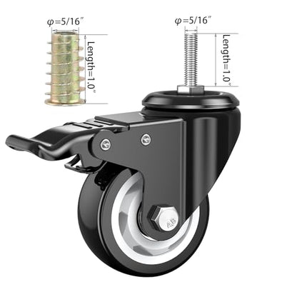 3 Inch Stem Casters, DICASAL Double Brakes Black PU Imperial Inch 5/16"-18x1 Screw Thread 360° Swivel Caster Wheels for Furture Carts DIY Stands 4 Pack - style: 3 Inch