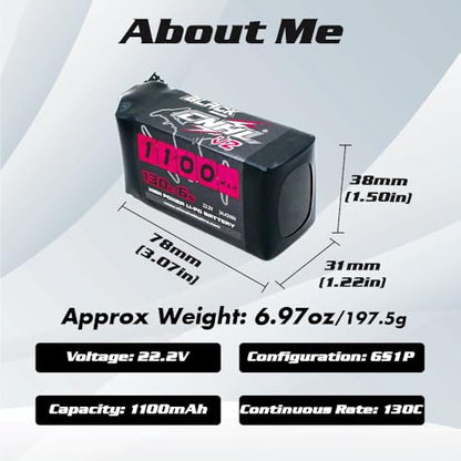 CNHL 1100mAh 6S LiPo Battery 22.2V 130C with XT60 Plug (2 Packs) | High discharge 6S LiPo battery perfectly designed for FPV racing drones, freestyle quadcopters, RC airplanes, and helis.
