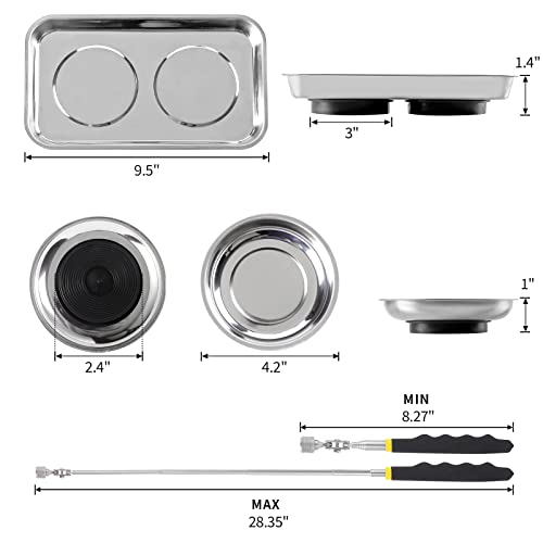 3 Pieces Magnetic Trays with 8LBs Telescoping Magnetic Pick-up Tool Set, 9.5" Rectangle, 2 Pieces 4" Stainless Steel Magnet Parts Tray for Screws, Sockets, Bolts, Mechanic's - size: 9.5", 2 x 4"+8LB Pickup