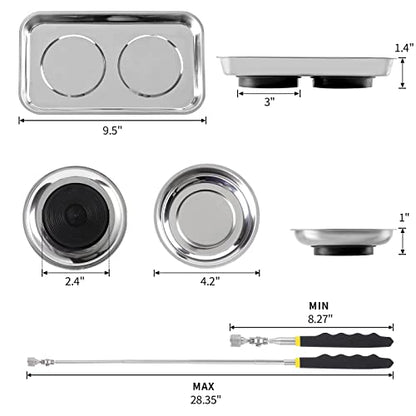 3 Pieces Magnetic Trays with 8LBs Telescoping Magnetic Pick-up Tool Set, 9.5" Rectangle, 2 Pieces 4" Stainless Steel Magnet Parts Tray for Screws, Sockets, Bolts, Mechanic's - size: 9.5", 2 x 4"+8LB Pickup