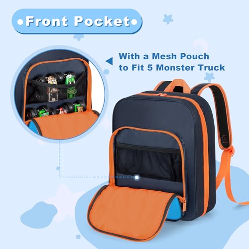CURMIO Toy Cars Backpack Compatible with Monster Jam Trucks Up to 37pcs | Truck Carrying Case for 1:64 Scale Toy Cars, with 8 Transparent Pockets and Front Pocket, Home Use & Travel, Empty Bag