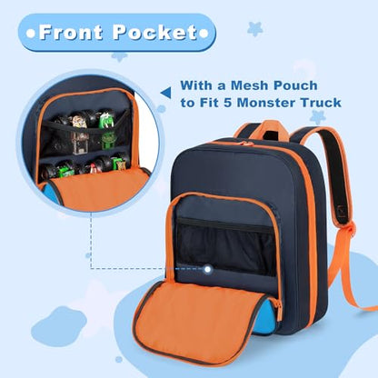 CURMIO Toy Cars Backpack Compatible with Monster Jam Trucks Up to 37pcs | Truck Carrying Case for 1:64 Scale Toy Cars, with 8 Transparent Pockets and Front Pocket, Home Use & Travel, Empty Bag