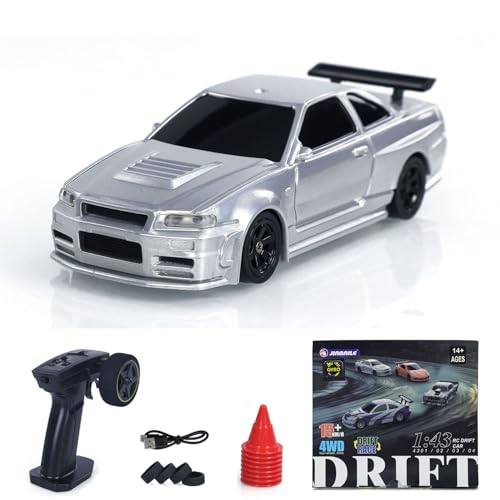 TOUCAN RC HOBBY 1/43 Ready to Run Race Car Gyro Drift Car 4WD Traffic Cones Mini for Ages 14+ - color: Silver
