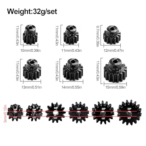 6-Pack 32P Pinion Gears 11T 12T 13T 14T 15T 16T, Hardened Steel, 3.175mm Bore, for 1/10 Traxxas Arrma Axial HSP HPI Tamiya Losi RC Car