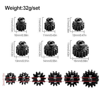 6-Pack 32P Pinion Gears 11T 12T 13T 14T 15T 16T, Hardened Steel, 3.175mm Bore, for 1/10 Traxxas Arrma Axial HSP HPI Tamiya Losi RC Car