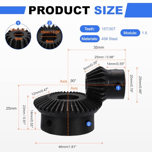 uxcell 2Pcs Tapered Bevel Gears Set, 1.5 Mod 1:2 (15T/30T) Harden Steel Straight Bevel Gear, 90 Degree Steering Motor Gears, (5/15mm Shaft Hole with Keyway) - size: 5/15mm