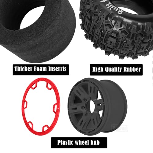 RC Wheels and Tires Set(4PCS) for 1/8 1/10 Monster Truck Tires,Traxx as/Arrm a 6S/Summi t/E Rveo/T-Maxx RC Off-Road etc,17mm Hex Tire and Wheels/Plastic Rims,Red and Black - color: Red and Black-(wheels Tires)