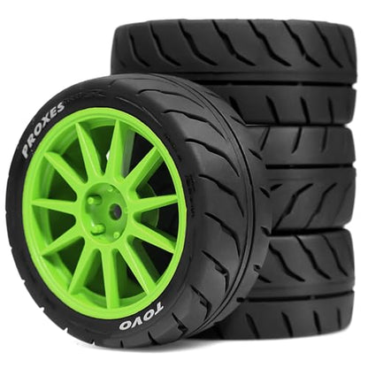 4PCS 1/10 RC Drift Racing Tires and Wheels 12mm Hex OD 2.56'' for 1:10 Scale Touring Street On Road Car Tamiya TT01 TT02 XV01 TA06 A959 PTG2 HPI KYOSHO HSP PTG2 Traxxa (Green) - color: Green