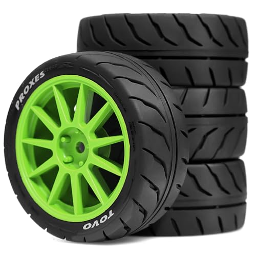 4PCS 1/10 RC Drift Racing Tires and Wheels 12mm Hex OD 2.56'' for 1:10 Scale Touring Street On Road Car Tamiya TT01 TT02 XV01 TA06 A959 PTG2 HPI KYOSHO HSP PTG2 Traxxa (Green) - color: Green