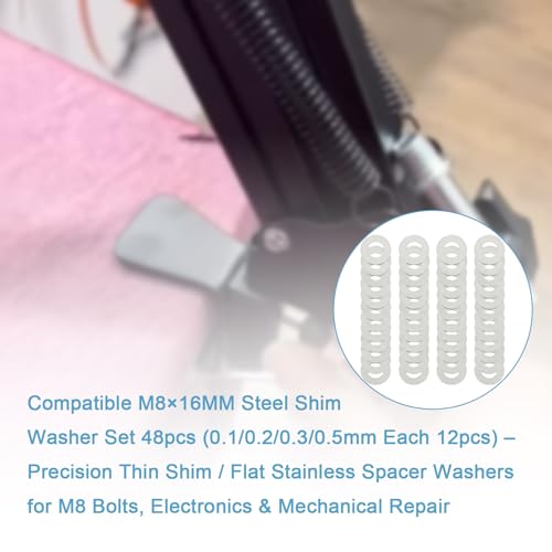 48 Pcs M8x16mm 304 Stainless Steel Shim Washers, Precision Thin Spacers | 0.1, 0.2, 0.3 and 0.5mm, 12 pcs each, flat spacer washers for M8 bolts, electronics assembly and mechanical repair - size: M8X16