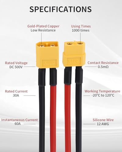 12 PCS XT60 Connector Plug Cable with 12AWG 100mm Silicone Wire, XT60 Connector Adapter, XT60 Male and Female Plug for RC Lipo Battery, Racing Drone, Cable, Car, Boat
