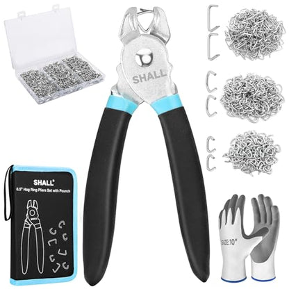 SHALL Hog Ring Pliers Kit with 600pcs Galvanized Hog Rings (3/8’’, 1/2’’, 3/4’’) for Upholstery, Fence, Animal Pet Cages, Bungee Cords, Bagging, Protective Gloves, Storage Case & Bag Included - style: Straight Head