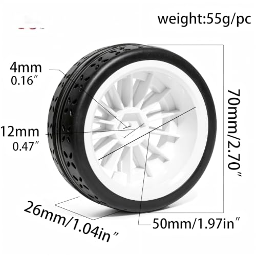 OD 70mm 1/10 RC Rally Racing Street Tires and Hard Plastic Wheels 12mm Hex for MJXRC 10304 Tamiya TT01 TT02 XV02 XV01 TA06 HPI KYOSHO PTG2 1:10 Scale On Road Drift Touring Car 4PCS (White) - color: White