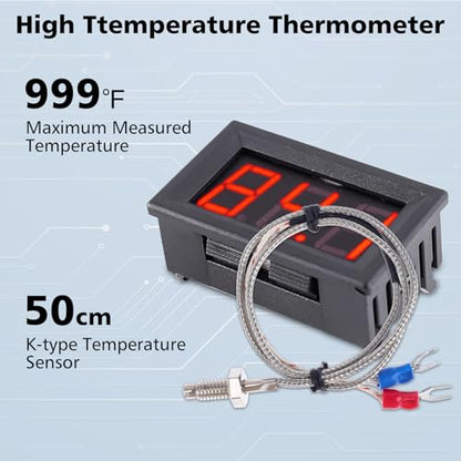 PEMENOL 12V Red Fahrenheit Digital Temperature Meter | -76F~999F LED Display with Industrial Grade 0.5m K-Type Thermocouple Temperature Sensor M6