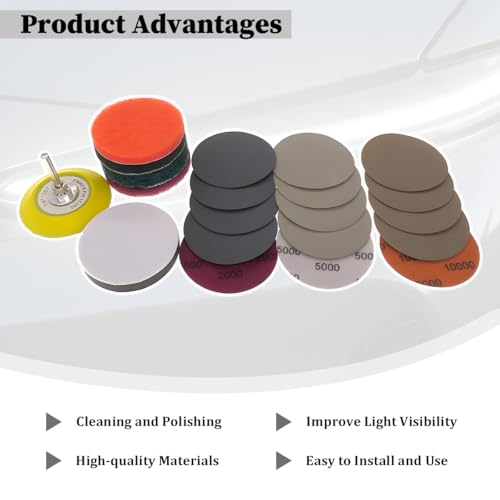 Car Headlight Restoration Kit, 21PCS 3 Inch Vehicle Headlights Lens Polishing Sanding Discs with Buffering Pad, Auto Hook and Loop Sanding Pads, Universal for Automobile RV Truck