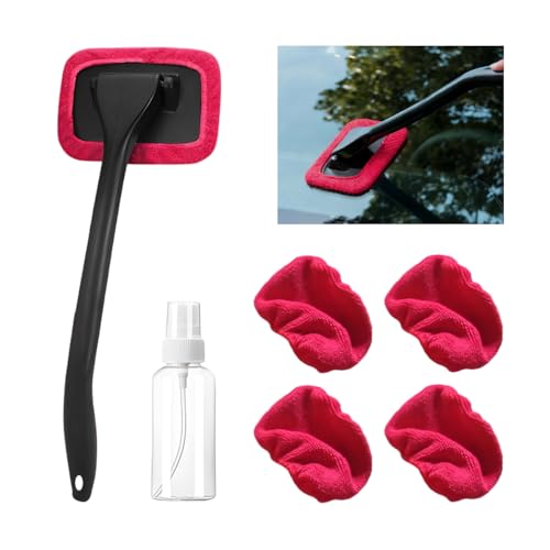Car Windshield Cleaning Tool, Microfiber Vehicle Window Cleaner with 5 Washable Reusable Cloth Pad & 1 Spray Bottle, Automotive Glass Wiper Cleaning Kit Accessories, Universal Fit (Red) - color: Red