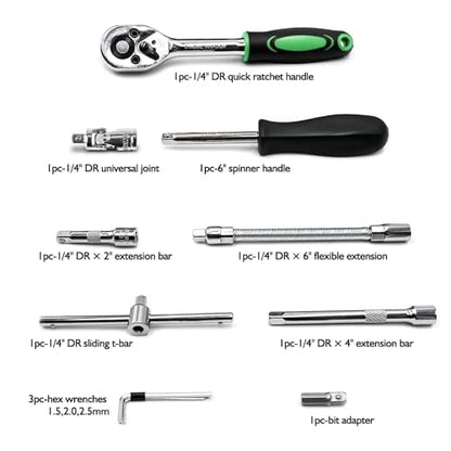 Egofine 46 Pieces 1/4 inch Drive Socket Ratchet Wrench Set, with Bit Socket Set Metric and Extension Bar for Auto Repairing and Household, with Green Storage Case - style: 1/4" 46 PCS-Green