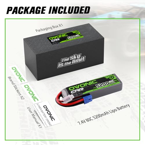 OVONIC 7.4V 2S Lipo Battery 5200mAh 80C Hard Case Battery with EC3 Plug for 1/8 1/10 RC Vehicles Car RC Buggy Truggy RC Airplane Drone