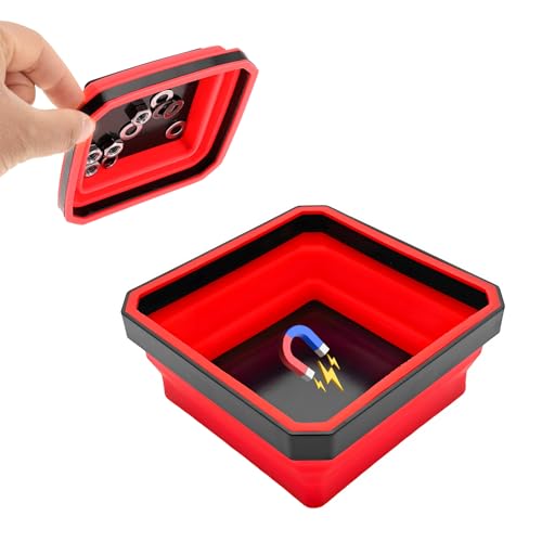 Yourkar Collapsible Magnetic Parts Tray, 4.5 Inch Foldable Magnetic Square Silicone Tray, Tool Tray Set with Double-Sided Magnetic Base for Screw Bolts Nuts Pins, Car Accessories (Red) - color: Red, 1 PCS