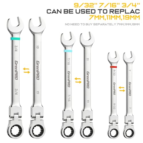 GRENPRO 23PC Flex Head Ratcheting Wrench Set SAE & Metric Mechanic Tools | 1/4"-3/4"&6-18MM Bolt Gauge, CR-V Steel 72-Tooth 180-Degree Flex Head 12Pt, Color Rings, Roll Pouch For Auto & Home Repair - style: 23PCS Flex Head Ratcheting Wrench Set Metric&SAE