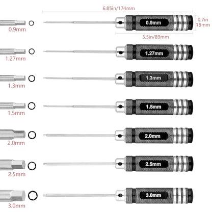 Hex Screwdriver Set - 7pcs Hex Allen Drive Kit 0.9mm 1.27mm 1.3mm 1.5mm 2.0mm 2.5mm 3.0mm Key Repair Tools for Traxxas Arrma Losi Redcat RC Cars Models FPV Drone Helicopter