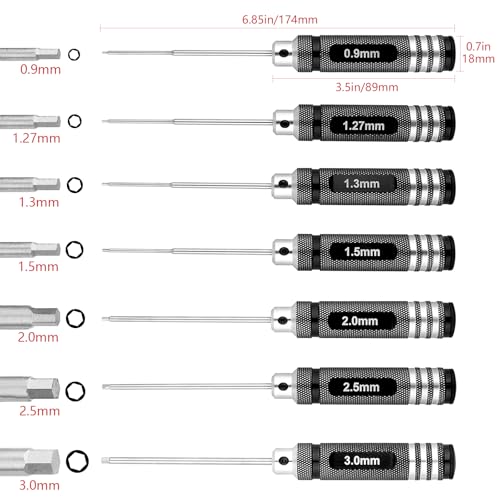 Hex Screwdriver Set - 7pcs Hex Allen Drive Kit 0.9mm 1.27mm 1.3mm 1.5mm 2.0mm 2.5mm 3.0mm Key Repair Tools for Traxxas Arrma Losi Redcat RC Cars Models FPV Drone Helicopter