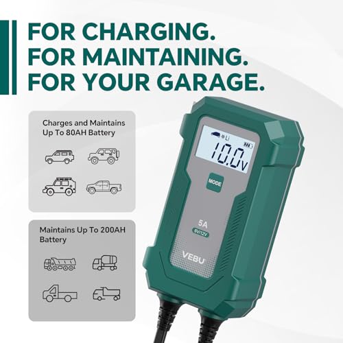 5A Smart Battery Charger & Maintainer - Automatic for 6V/12V Lead Acid/Lithium Batteries with Trickle Charge, Desulfation & Protection | Compact Plug & Play Design - size: 5 A