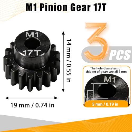 M1 Gear 17T 5mm Bore 3-Pack – High-Precision Hardened Steel Motor Pinion Gear for 1/8 1/10 RC Crawler, Monster Truck, Short Course Truck & Boat (Compatible with Traxxas Axial, FMS, HSP Redcat Losi) - style: M1 3Pcs 17T