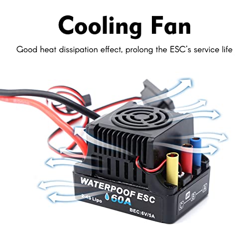 GoolRC 60A Brushless ESC 2-4S Waterproof Electric Speed Controller with 6V 5A BEC T Plug for 1/8 1/10 RC Car