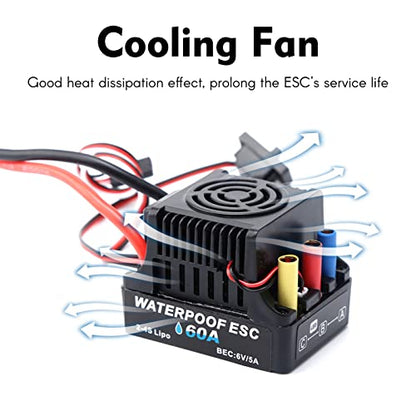 GoolRC 60A Brushless ESC 2-4S Waterproof Electric Speed Controller with 6V 5A BEC T Plug for 1/8 1/10 RC Car