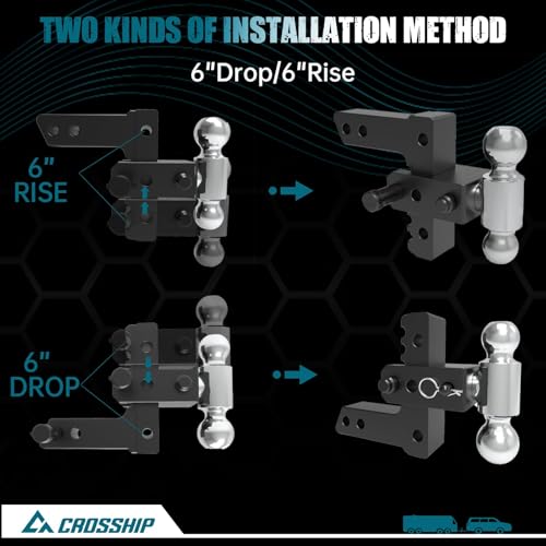 Adjustable Trailer Hitch - Heavy Duty Aluminum Drop Drawbar Hitch - Fits 2" Receiver, 6" Drop/Rise, for Truck, SUV, RV (12500 LBS GTW) - color: Black, size: 2" 6 Drop-Dual Ball