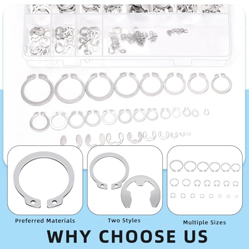 Glarks 302Pcs 304 Stainless Steel C-clip External Retaining Rings and E-clip Retaining Rings Assortment Set, 202Pcs 4MM-28MM Circlip Snap Retaining Clip and 100Pcs E-Ring Circlip Rings and A Tweezer