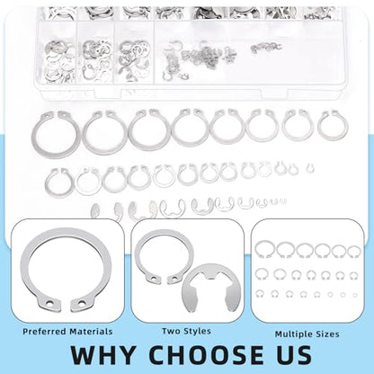 Glarks 302Pcs 304 Stainless Steel C-clip External Retaining Rings and E-clip Retaining Rings Assortment Set, 202Pcs 4MM-28MM Circlip Snap Retaining Clip and 100Pcs E-Ring Circlip Rings and A Tweezer