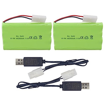 2PCS AA 9.6V 2800mAh Rechargeable Battery with Tamiya Plug and 2PCS USB Charging Cable Suitable for RC Toy Cars, Trucks, Tanks, Engineering Vehicles, RC Ships Spare Battery Pack