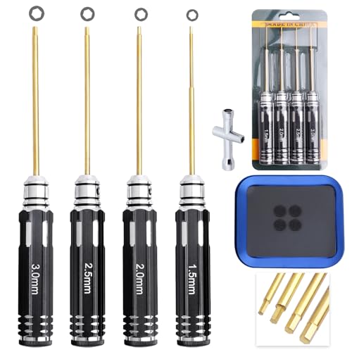 HobbyPark 4pcs 1.5mm 2.0mm 2.5mm 3.0mm Hex Screw Driver Set Titanium Hexagon Screwdriver Wrench Tool Kit Allen Keys, Screw Tray, Hex Wrench RC Repair Tools