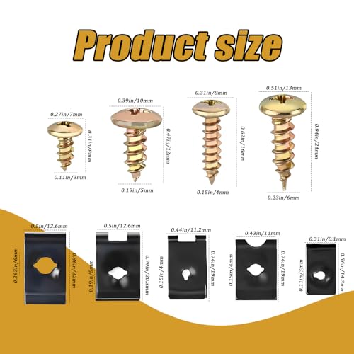 170PCS Car U-Clip and Screw Assortment Kit, Automotive U Nut Screw Clip, 9 Sizes Auto Body Panel Screws U Nuts Replacement, Vehicle U Clips Bolts Replacement Parts for Dash Door Panel Interior