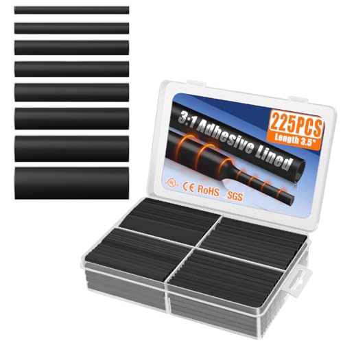 XHF UL Listed 225 Pcs Length 3.45" 3:1 Waterproof Heat Shrink Tubing Kit 8 Size Marine Grade Adhesive Lined Heat Shrink Tube, Insulation Sealing Oil-Proof Wear-Resistant Black - color: Black, size: 1(225PCS(3/32"-3/4"))-66.5ft