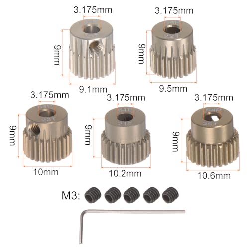 uxcell 64P Pinion Gear Set 3.175mm (1/8") Shaft 21T 22T 23T 24T 25T Aluminum Alloy Motor Gears for 1/10 RC Car (5pcs)