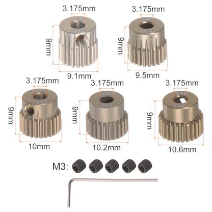 uxcell 64P Pinion Gear Set 3.175mm (1/8") Shaft 21T 22T 23T 24T 25T Aluminum Alloy Motor Gears for 1/10 RC Car (5pcs)