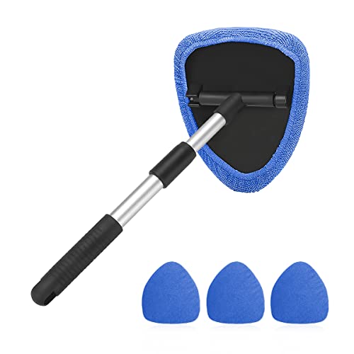 Windshield Cleaning Tool, Car Window Cleaner with Extendable Long Handle and 4 Washable Reusable Microfiber Pads, Auto Interior Exterior Glass Wiper Cleaning Kit Universal for Office and Home (Blue) - color: Blue