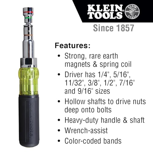 Klein Tools 32807MAG 7-in-1 Nut Driver, Magnetic Driver has SAE Hex Nut Sizes 1/4 to 9/16-Inch, Cushion Grip Handle for Added Torque - style: 7-in-1 Nut Driver