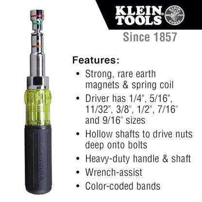 Klein Tools 32807MAG 7-in-1 Nut Driver, Magnetic Driver has SAE Hex Nut Sizes 1/4 to 9/16-Inch, Cushion Grip Handle for Added Torque - style: 7-in-1 Nut Driver