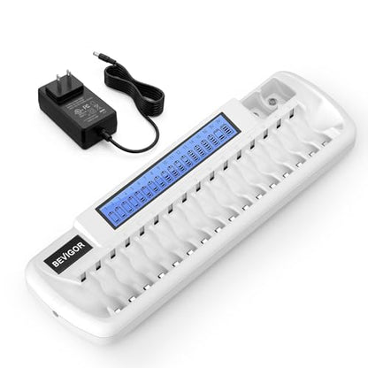 BEVIGOR AA AAA Battery Charger, Batteries Not Included | 16+2 Slot Independent Charging, 16 Slot For AA AAA 2 Slot For 9V NiMH NiCD Rechargeable Batteries, LCD Display, AC Input - size: 18 Bay Charger