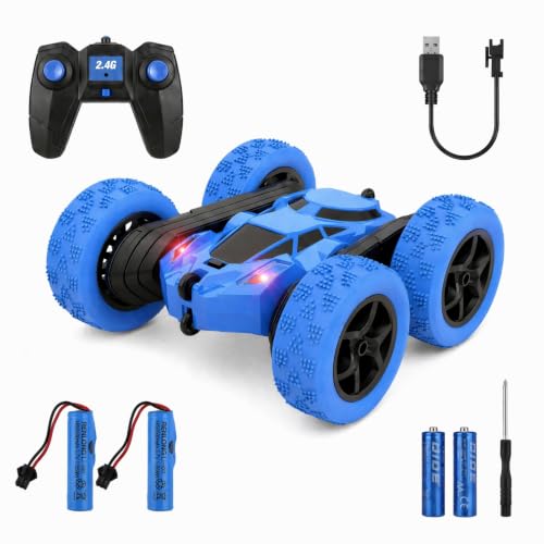 RC Car 2.4GHz 360° Spin Off-Road Stunt Vehicle with 2 Rechargeable Batteries + USB Charging Cable, Full Terrain Remote Control Truck for Kids