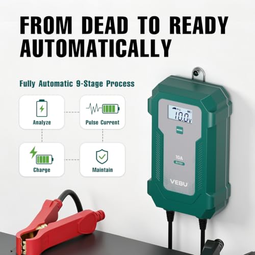 10A 6V/12V Smart Battery Charger- Automatic Maintainer, Trickle Charger & Desulfator with Overcharge Protection, Plug & Play Design for Lead-Acid & LiFePO4 Batteries - size: 10 A