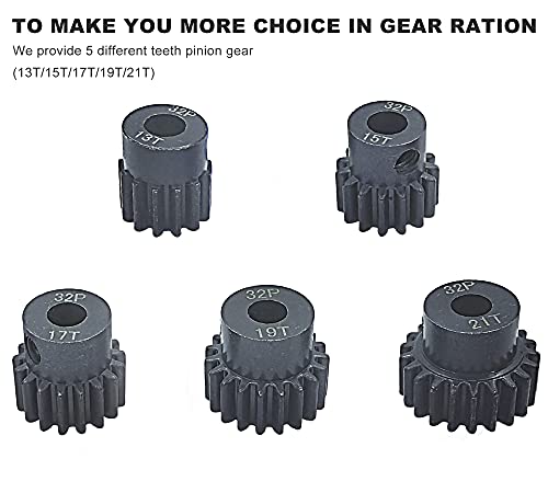 32P 5mm Pinion Gear Set 13T 15T 17T 19T 21T with Hex Key for 1/10 RC Car | 32P 5mm Hardened Metal Pinion Motor Gear Set 13T 15T 17T 19T 21T with 3.175mm Coupler for RC Buggy Car Monster Truck - color: 13t/15t/17t/19t/21t