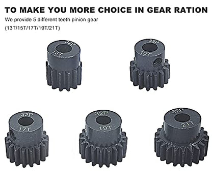 32P 5mm Pinion Gear Set 13T 15T 17T 19T 21T with Hex Key for 1/10 RC Car | 32P 5mm Hardened Metal Pinion Motor Gear Set 13T 15T 17T 19T 21T with 3.175mm Coupler for RC Buggy Car Monster Truck - color: 13t/15t/17t/19t/21t